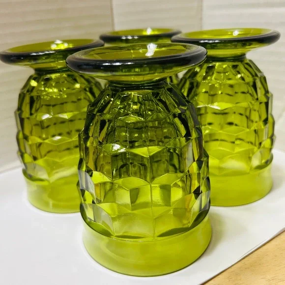 Vintage glasses, set of 4 Indiana Glass Whitehall Colony Cubist in avocado green - Picture 3 of 5